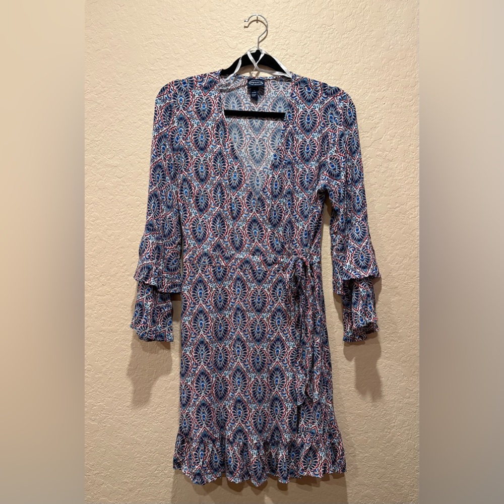 V Neck Medallion Wrap Dress with Tiered Bell Sleeves Boho Casual Dressy